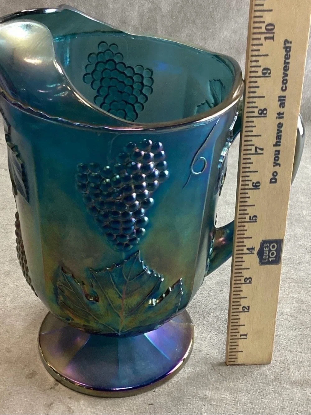 Indiana Glass Iridescent Blue Carnival Glass Pitcher with Grape Motif